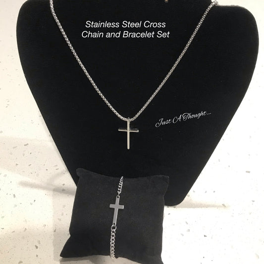 Stainless Steel Cross Chain & Bracelet Set